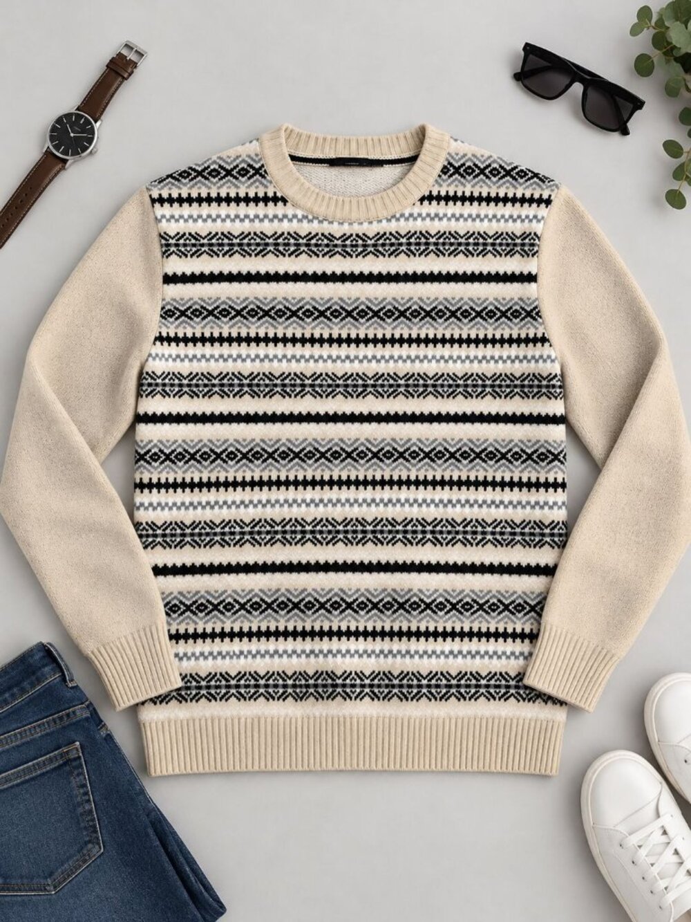 Weatherproof Vintage Mens Beige & Navy Fair Isle Sweater Size M Cotton Crewneck